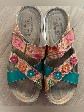 L'ATISTE Teal, Pink & Orange Floral Leather Slide Sandals